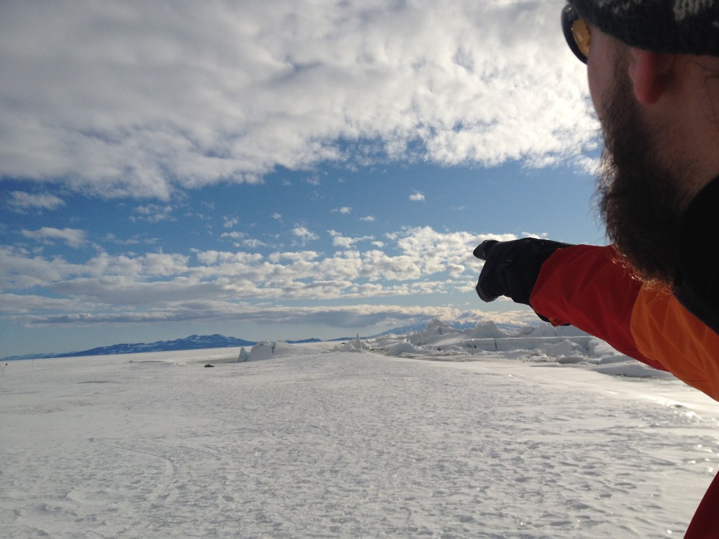 Richard pointing at something -- a seal, I think -- while we walked around the pressure ridges.