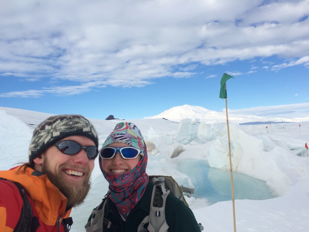 In the pressure ridges. Behind us is Castle Rock (the small-looking rock tip) and Mt. Erebus.