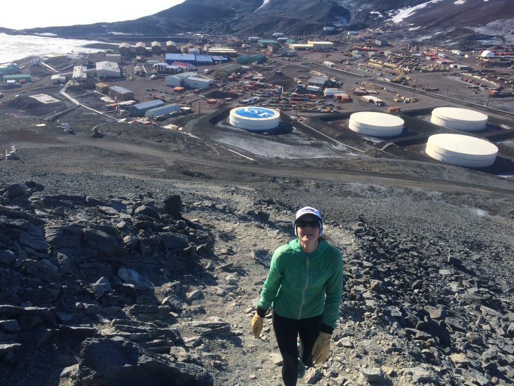 Climbing Ob Hill with McMurdo in the background.