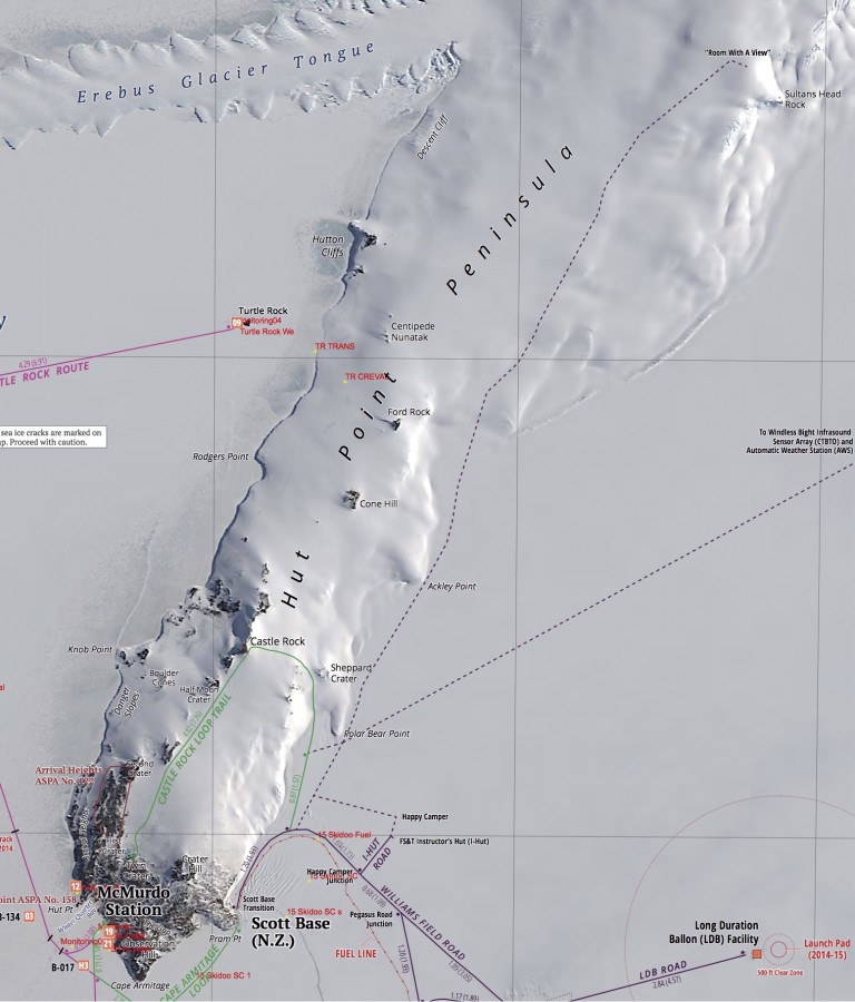 Here's a map of the Hut Point Peninsula. At the bottom of the map is McMurdo. At the upper right corner is Room with a View. The green circle toward the bottom is the Castle Rock Loop Trail. 