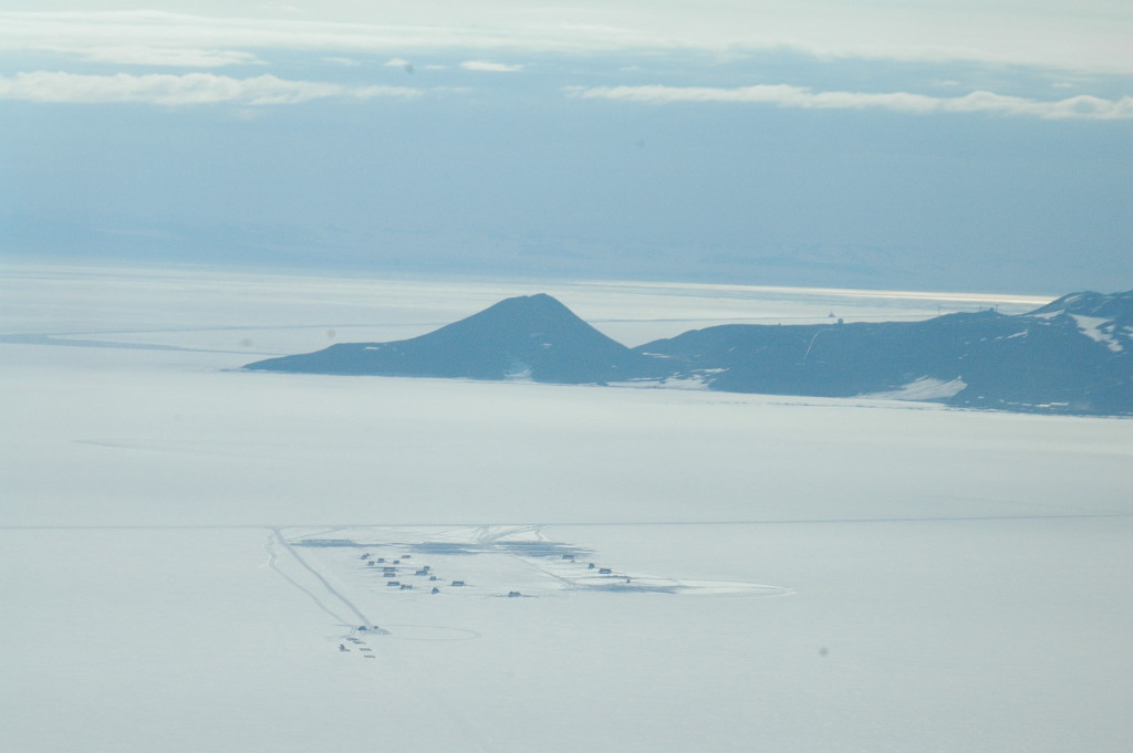 Hut Point, the ice of McMurdo Sound and some seals from the air. 