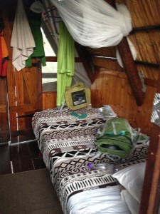 My bed in our two-bed A-frame cabin at our fenced-in camp at Sweni. 