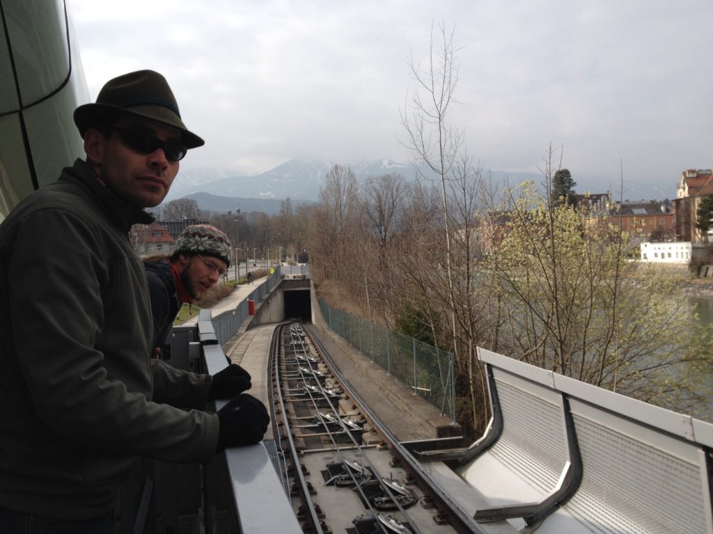 Dan and Richard inspect the cog rail train in Innsbrook. 